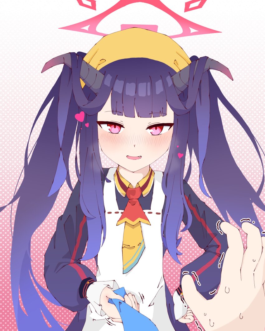 1boy, 1girl, :d, absurdres, anger_vein, angry, apron, black_hair, black_serafuku, blue_archive, blue_necktie, blunt_bangs, blush, clothes_grab, commentary, demon_girl, demon_horns, fang, fuuka_(blue_archive), halo, hamuhamuid, hand_on_own_hip, headscarf, heart, highres, horns, long_hair, long_sleeves, looking_at_viewer, necktie, necktie_grab, neckwear_grab, nervous_sweating, open_mouth, out_of_frame, pov, red_eyes, school_uniform, sensei_(blue_archive), serafuku, sidelocks, simple_background, smile, spoken_object, sweat, trembling, white_apron, yellow_headscarf, yellow_headwear