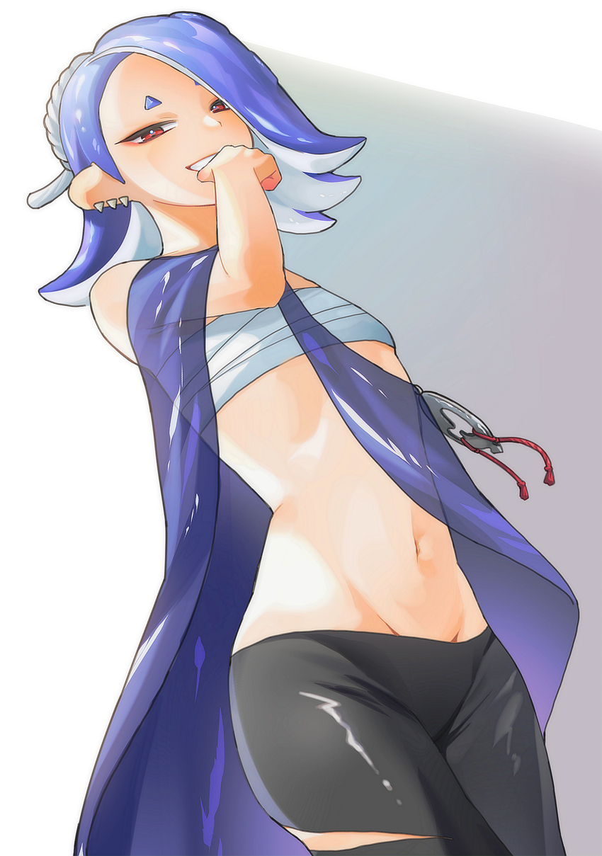 1girl, bare_shoulders, black_pants, blue_hair, blue_shawl, chest_sarashi, commentary, cowboy_shot