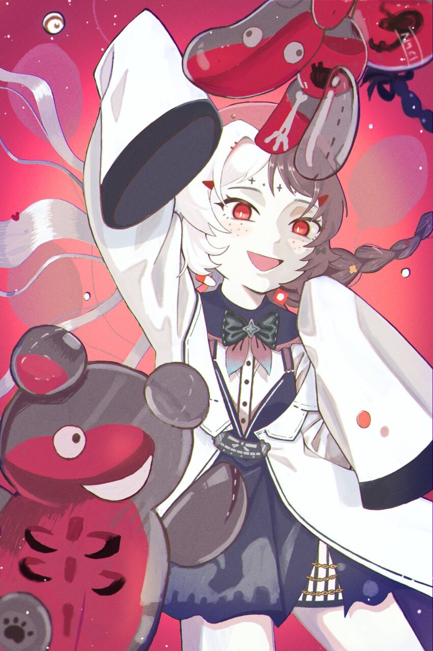 1girl, :d, arm_up, balloon_animal, balloon_party, black_bow, black_bowtie, black_hair