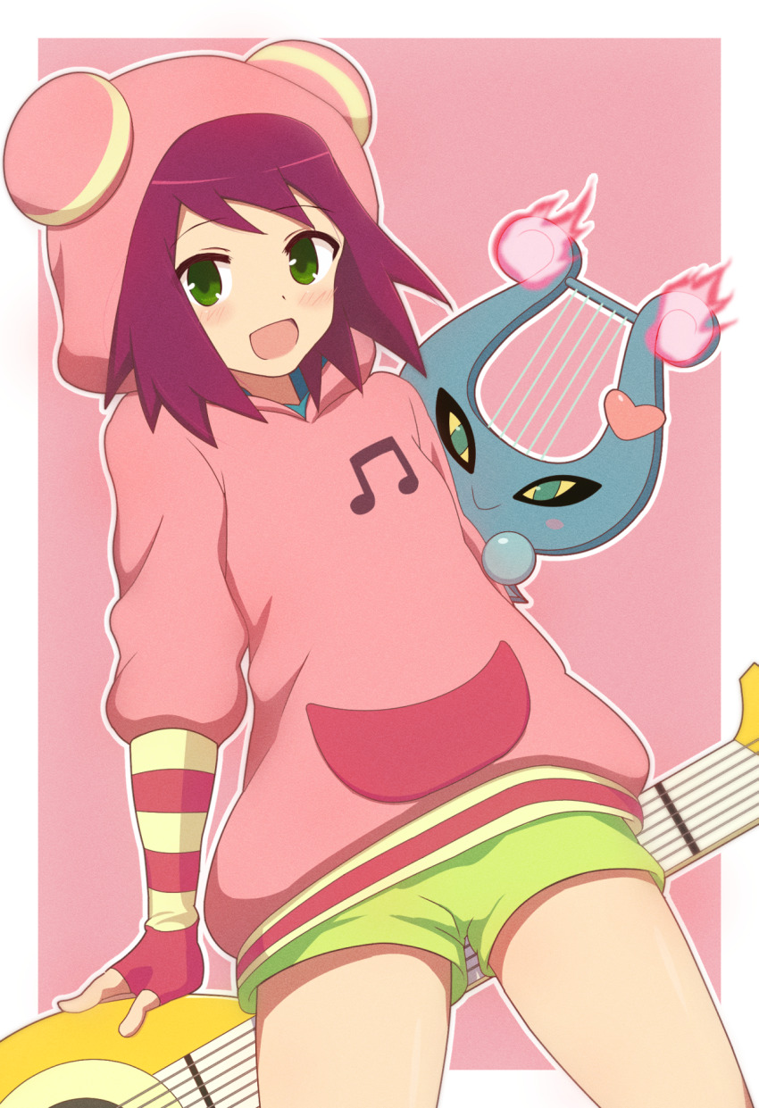 2girls, :d, curakuru, fingerless_gloves, gloves, green_eyes, green_shorts, guitar