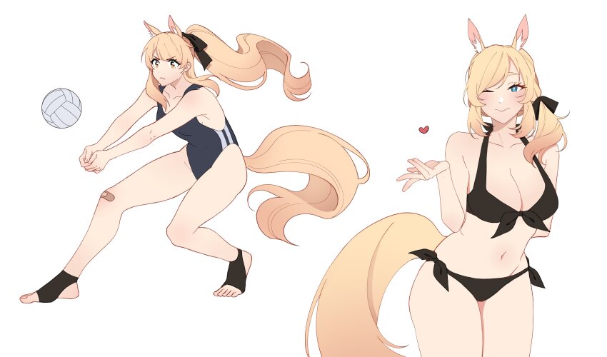 2girls, :<, absurdres, animal_ears, arknights, avi_(baltika_seven), ball, bikini, black_bikini, black_bow, black_socks, blemishine_(arknights), blinking, blue_eyes, blue_one-piece_swimsuit, blush, bow, bow_bikini, breasts, bright_pupils, cleavage, commentary, english_commentary, extra_ears, front-tie_bikini_top, front-tie_top, groin, hair_bow, hand_up, heart, highres, horse_ears, horse_girl, horse_tail, large_breasts, long_hair, medium_hair, multiple_girls, navel, one-piece_swimsuit, one_eye_closed, playing_games, ponytail, side-tie_bikini_bottom, simple_background, small_breasts, socks, stirrup_legwear, swimsuit, tail, toeless_legwear, very_long_hair, volleyball, volleyball_(object), whislash_(arknights), white_background, white_pupils, yellow_eyes