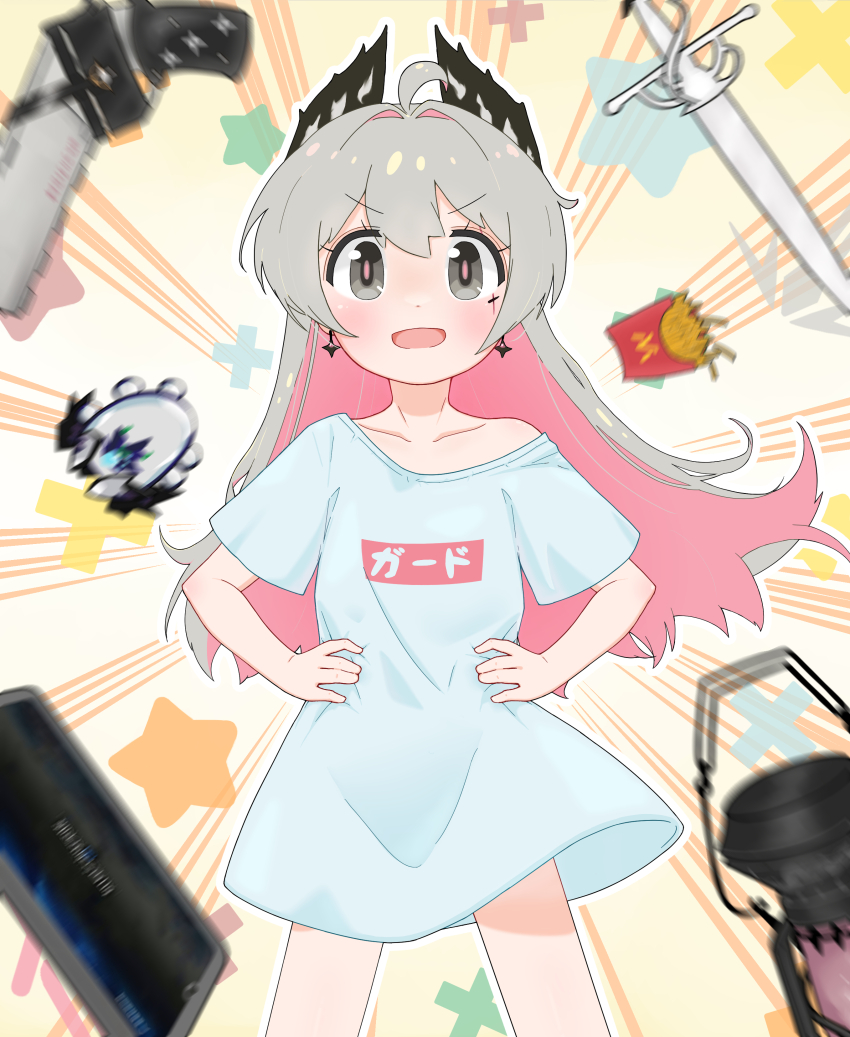 1girl, :d, absurdres, ahoge, arknights, blush, cellphone, colored_inner_hair, cowboy_shot, earrings, food, french_fries, grey_eyes, grey_hair, gun, hair_between_eyes, handgun, hands_on_own_hips, head_wings, highres, irene_(arknights), jewelry, kushaaaa4, lantern, long_hair, looking_at_viewer, mcdonald's, multicolored_hair, multicolored_nails, onii-chan_wa_oshimai!, open_mouth, oyama_mahiro, parody, phone, pink_hair, pink_pupils, pocket_sea_crawler_(arknights), seaborn_(arknights), shirt, short_sleeves, smartphone, smile, solo, sword, two-tone_nails, v-shaped_eyebrows, weapon, white_shirt, wings