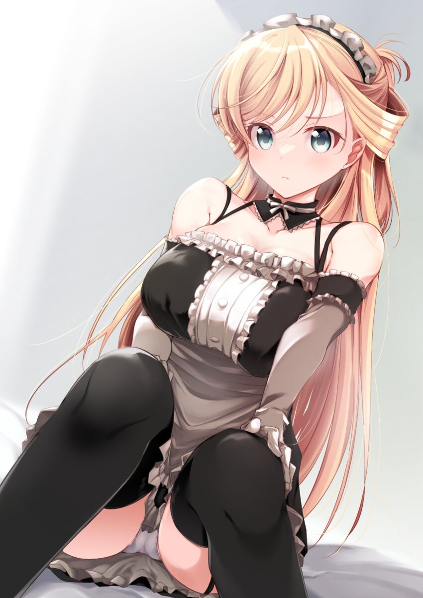 1girl, alternate_costume, araragi_ayune, black_thighhighs, blonde_hair, blue_eyes, breasts, collar