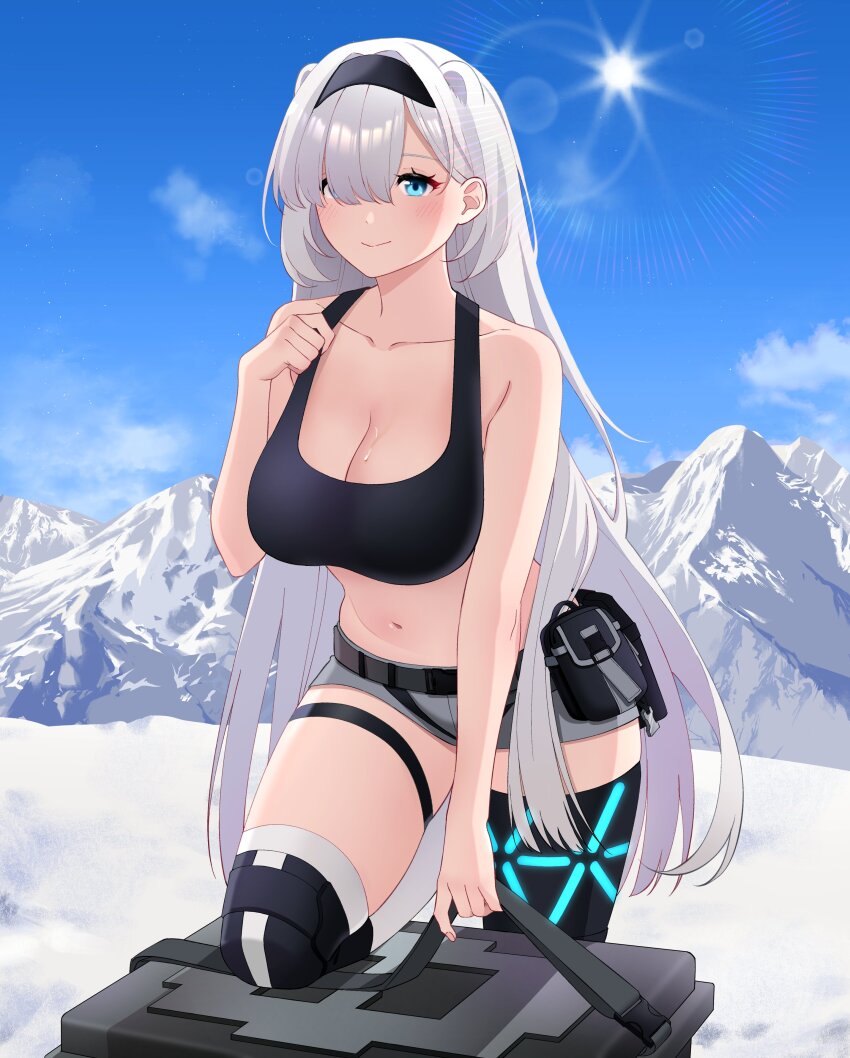 1girl, absurdres, animal_ears, arknights, aurora_(arknights), avi_(baltika_seven), bear_ears, bear_girl, black_sports_bra, blue_eyes, blush, box, breasts, cleavage, extra_ears, grey_hair, grey_shorts, hair_between_eyes, hair_over_one_eye, highres, infection_monitor_(arknights), knee_pads, large_breasts, long_hair, looking_at_viewer, mountain, navel, outdoors, short_shorts, shorts, smile, snow, solo, sports_bra, stomach, sun, thigh_strap, thighs, very_long_hair