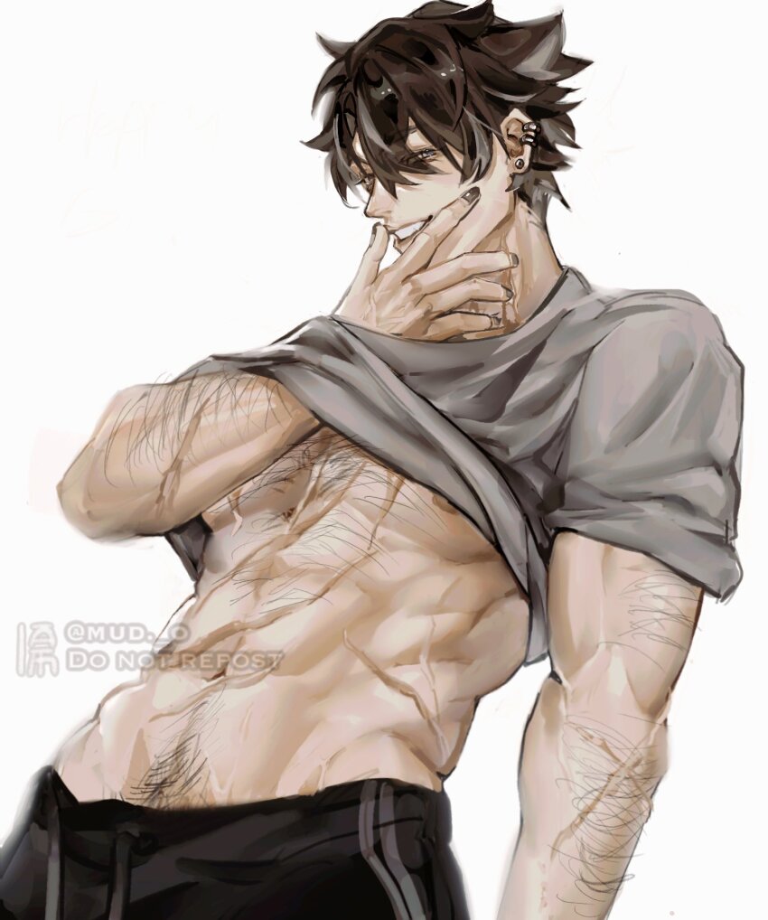 1boy, abs, aiira_(mud_o), alternate_body_hair, arm_hair, bara, black_hair, black_pants