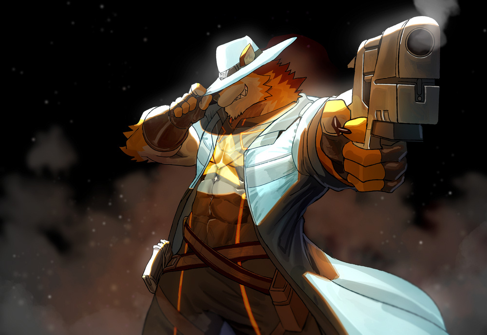 1boy, abs, animal_ears, bara, barrel_(live_a_hero), black_skirt, blue_cloak, claws