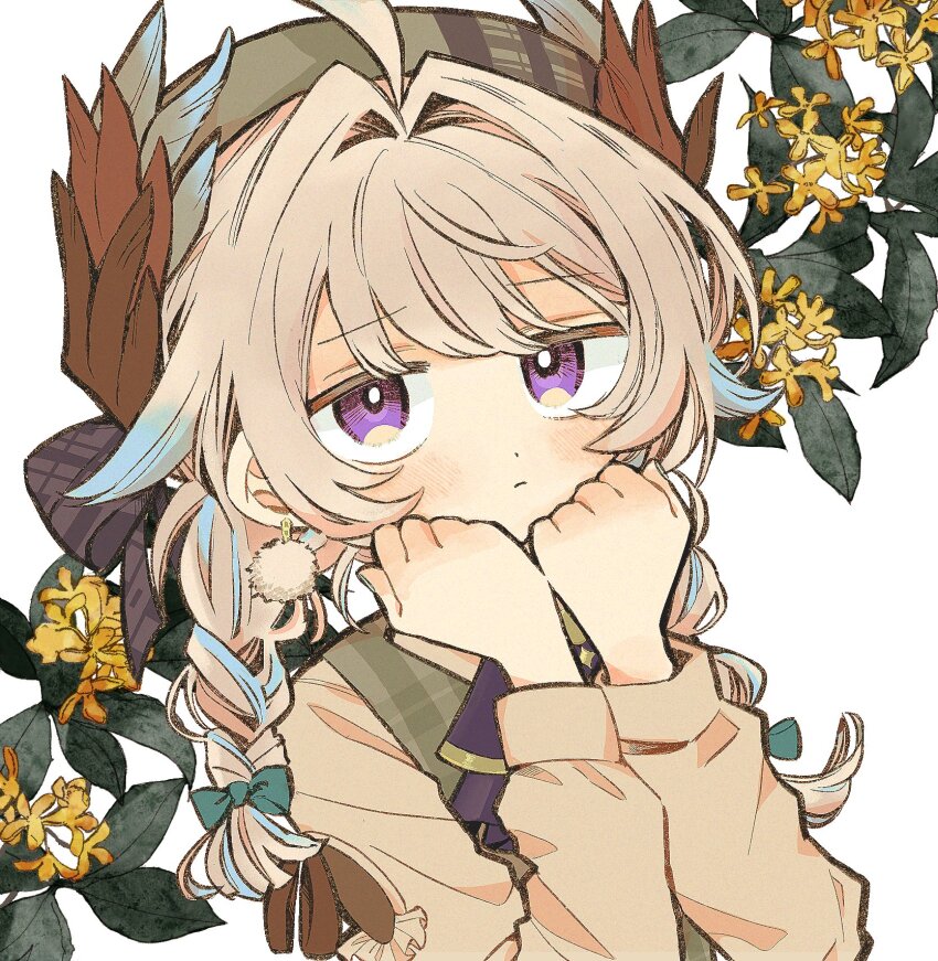 1girl, ahoge, ascot, blonde_hair, blue_ascot, blue_hair, bow, braid, brown_coat, brown_wings, coat, commentary, dress, earrings, english_commentary, enna_alouette, enna_alouette_(fall_casual), flower, green_bow, green_dress, green_headwear, hair_bow, hair_intakes, head_wings, highres, jewelry, leaf, long_hair, long_sleeves, looking_at_viewer, mmm_toi0, multicolored_hair, nijisanji, nijisanji_en, official_alternate_costume, plaid_clothes, plaid_headwear, pom_pom_(clothes), pom_pom_earrings, purple_eyes, solo, twin_braids, upper_body, virtual_youtuber, white_background, wings, yellow_flower