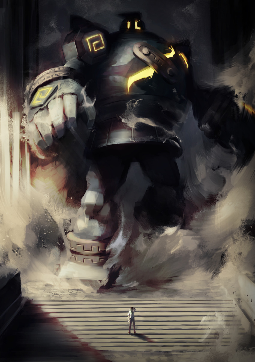 1boy, absurdres, alternate_size, black_headwear, brown_pants, clenched_hand, dust, face_in_shadow