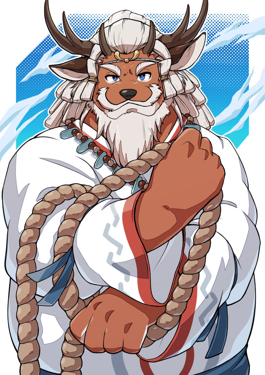 1boy, absurdres, animal_ears, antlers, bara, blue_eyes, commentary_request, crave_saga