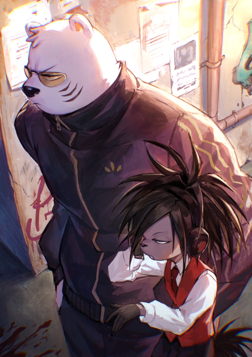 2boys, absurdres, alley, animal_ears, bara, bear_boy, bear_ears, black_jacket