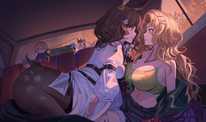 2girls, absurdres, animal_ears, arm_belt, arm_support, asymmetrical_docking, blonde_hair, blonney, blue_eyes, blue_shorts, breast_press, breasts, brown_hair, car_interior, centauroid, cleavage, curly_hair, deer_ears, deer_girl, deer_tail, doll, earrings, eye_contact, face-to-face, flower, from_side, green_eyes, green_sports_bra, hair_flower, hair_ornament, hair_over_shoulder, hairclip, highres, jacket, jessica_(reverse:1999), jewelry, jeze, large_breasts, long_hair, long_sleeves, looking_at_another, medium_breasts, ms._radio, multiple_girls, navel, off_shoulder, orange_sky, parted_lips, pendant, profile, purple_jacket, radio, reverse:1999, shirt, shorts, sidelighting, sky, sports_bra, stomach, tail, taur, twilight, white_flower, white_shirt, yuri