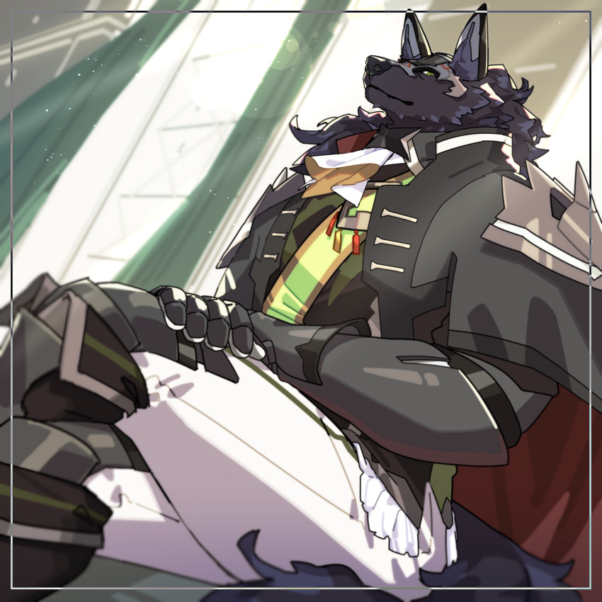 1boy, animal_ears, bara, commentary_request, crossed_legs, from_below, furry, furry_male