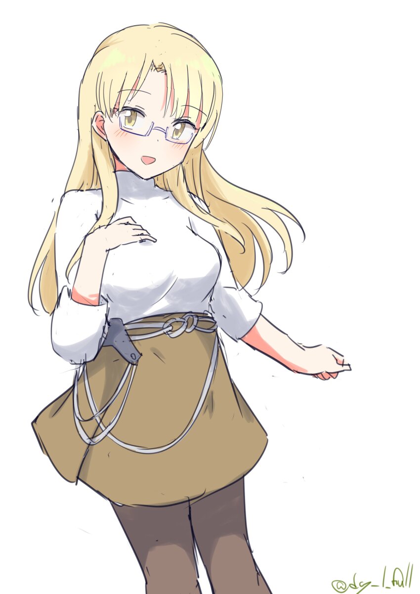 1girl, absurdres, alternate_costume, black_pantyhose, blonde_hair, brown_skirt, glasses, highres
