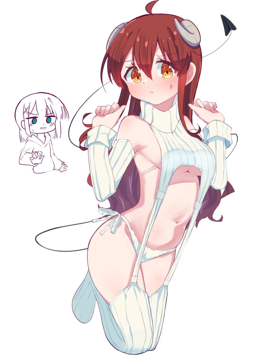 2girls, ahoge, bare_shoulders, blush, breasts, brown_eyes, brown_hair, chiyoda_momo