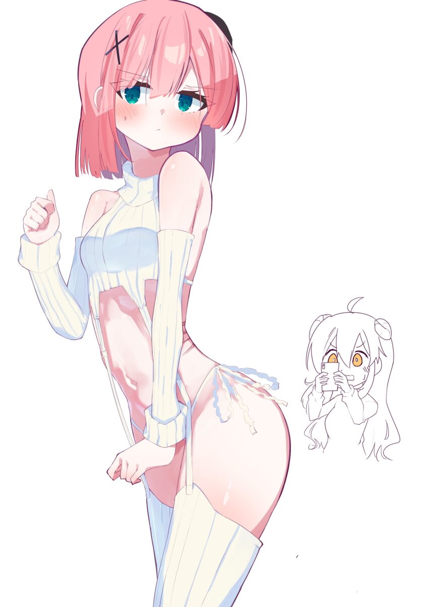 2girls, ahoge, aqua_eyes, bare_shoulders, blush, bob_cut, breasts, brown_eyes