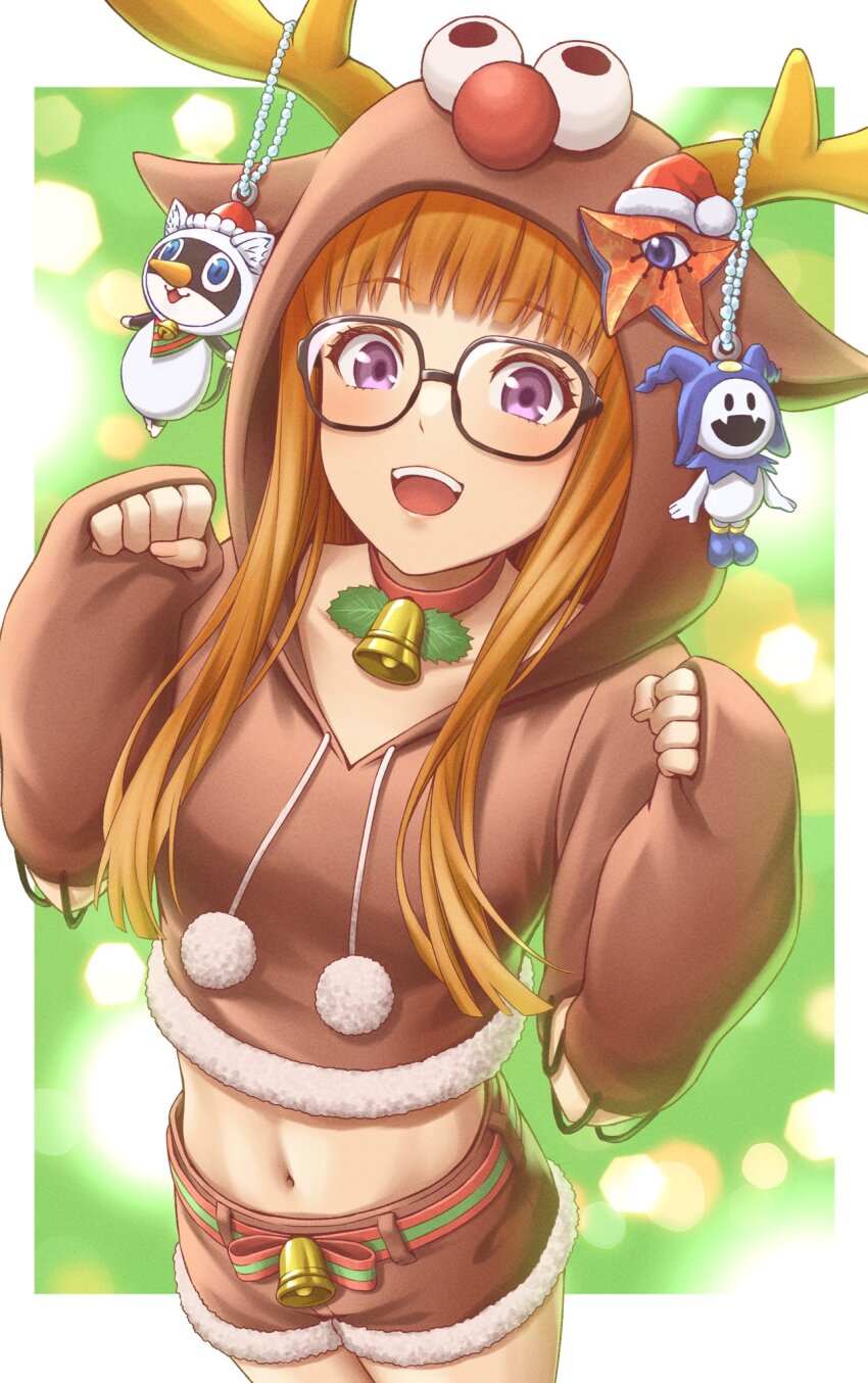 1girl, :d, animal_costume, animal_hood, antlers, bell, belt, blunt_bangs
