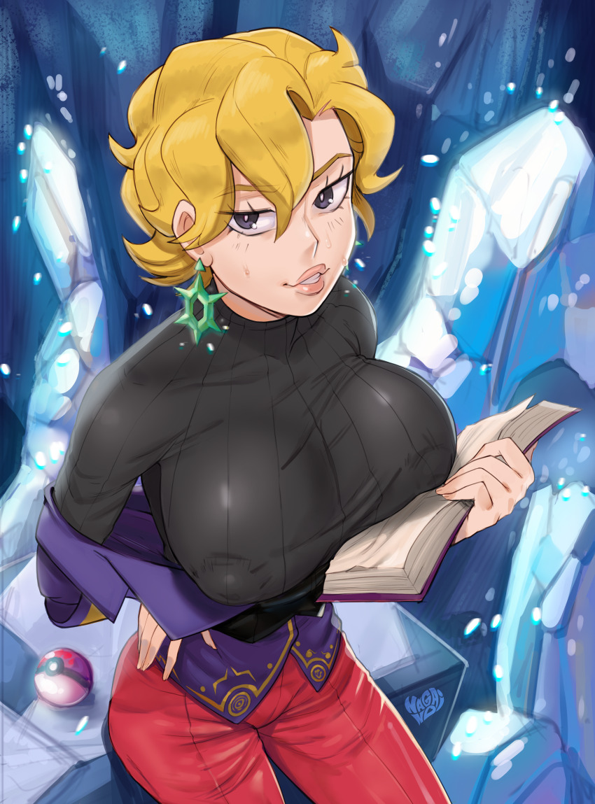 1girl, absurdres, black_sweater, blonde_hair, book, breasts, briar_(pokemon), earrings, hand_on_own_hip, highres, holding, holding_book, hoop_earrings, ice, jacket, jewelry, large_breasts, lips, looking_at_viewer, nagainosfw, nintendo, off_shoulder, open_book, pants, poke_ball, poke_ball_(basic), pokemon, pokemon_scarlet_and_violet, purple_eyes, purple_jacket, red_pants, ribbed_sweater, short_hair, solo, sweater, sweater_under_jacket, taut_clothes, taut_sweater, turtleneck, turtleneck_sweater