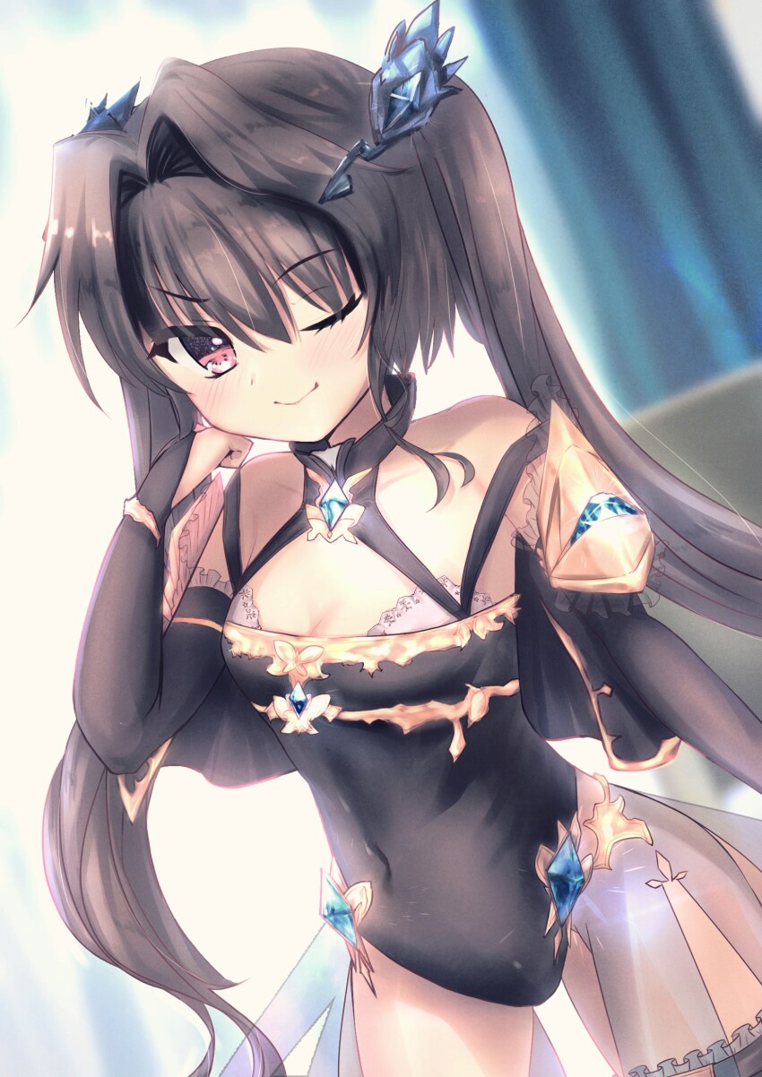 1girl, 9-nine-, ;), arm_at_side, bare_shoulders, black_gloves, black_hair, black_leotard