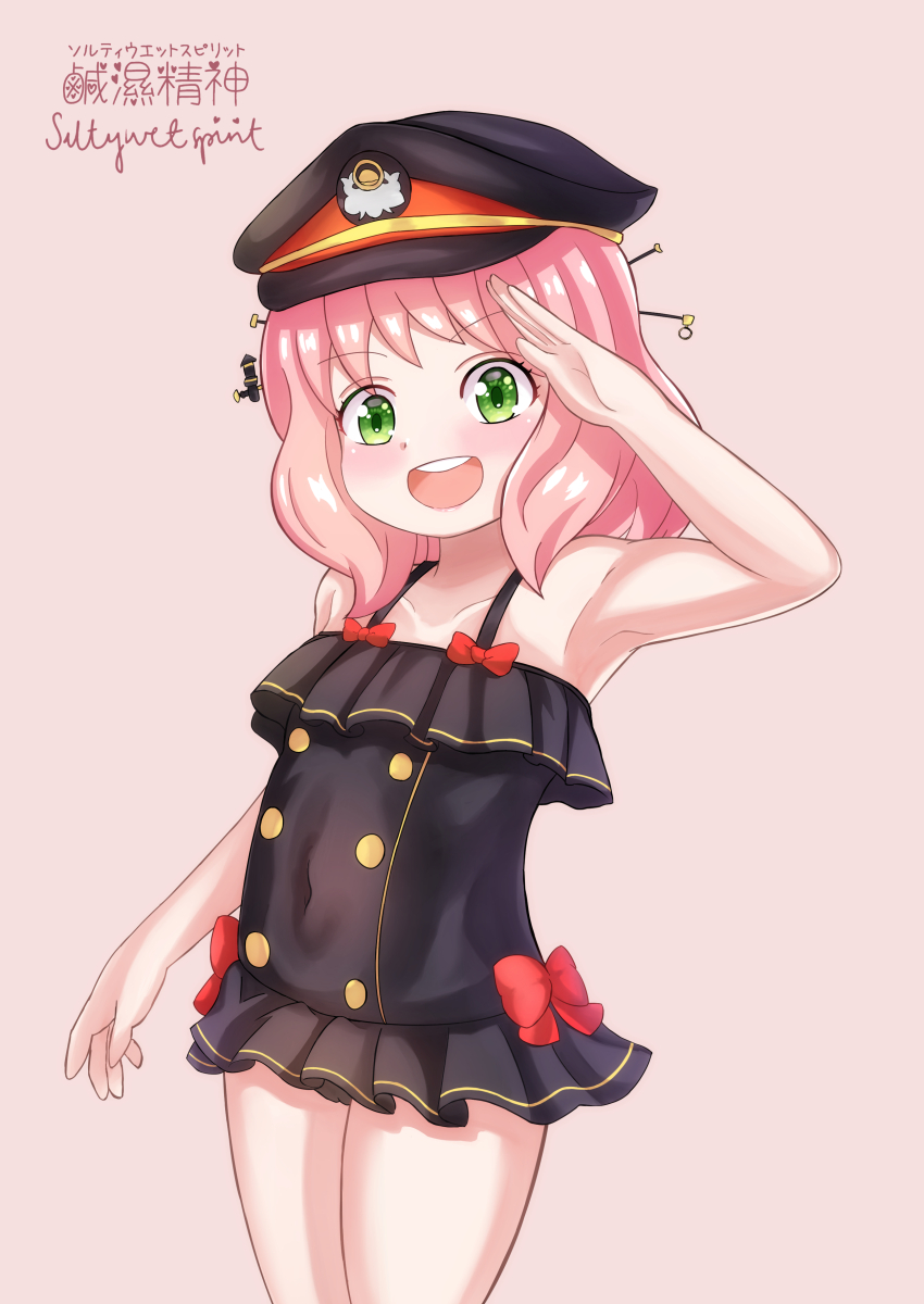 1girl, absurdres, anya_(spy_x_family), arm_up, black_dress, black_hair, cosplay, dress, green_eyes, hachiroku_(maitetsu), hachiroku_(maitetsu)_(cosplay), hand_up, hat, highres, maitetsu, medium_hair, open_mouth, pink_hair, saltywetspirit, solo, spy_x_family, swimsuit, tanezaki_atsumi, voice_actor_connection