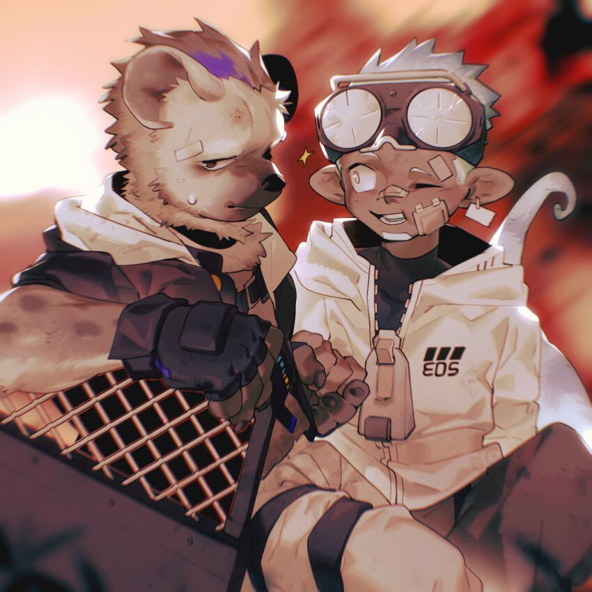 2boys, arknights, bandaid, bandaid_on_face, black_jacket, chameleon_boy, chameleon_tail, earrings