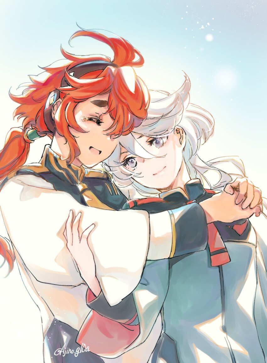 2girls, ahoge, asticassia_school_uniform, black_hairband, closed_mouth, dark_skin, grey_eyes, gundam