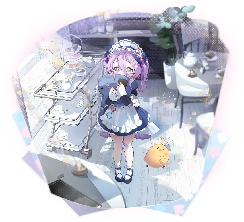 1girl, apron, azur_lane, bandaid, bandaid_on_knee, bandaid_on_leg, black_footwear, blue_footwear