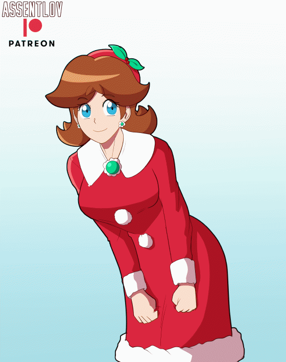 1girl, alternate_costume, animated, animated_gif, assentlov, blue_eyes, breasts, brooch, brown_hair, christmas, earrings, flower_earrings, grin, hat, high_heels, jewelry, legs, looking_at_viewer, mario_(series), mario_kart, mario_kart_tour, medium_breasts, navel, nintendo, panties, pantyhose, princess_daisy, princess_daisy_(holiday_cheer), smile, thighs, underwear, upskirt