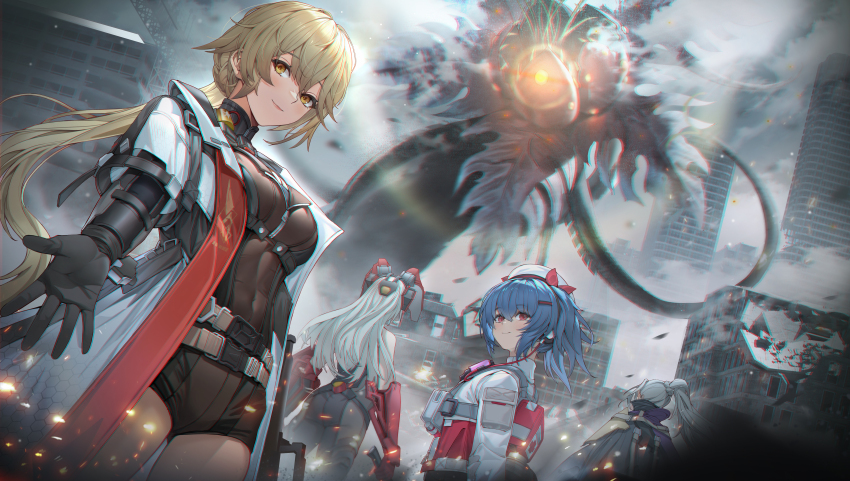 4girls, absurdres, ass, assault_rifle, blonde_hair, blue_hair, breasts, bullpup