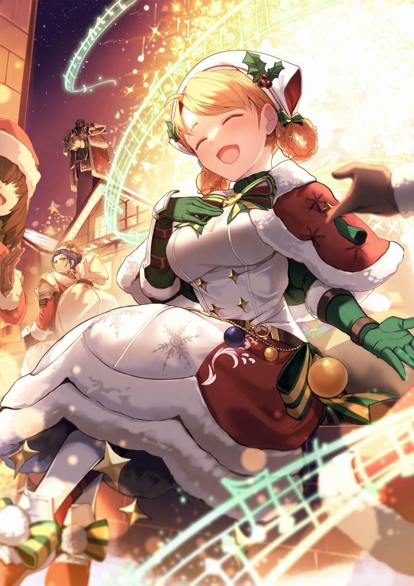 1other, 2boys, 2girls, :d, annette_fantine_dominic, annette_fantine_dominic_(winter), armor, bauble, black_knight_(fire_emblem), black_knight_(winter)_(fire_emblem), bow, braid, braided_hair_rings, breasts, brown_hair, christmas, christmas_ornaments, closed_eyes, elbow_gloves, felix_hugo_fraldarius, felix_hugo_fraldarius_(winter), fire_emblem, fire_emblem:_three_houses, fire_emblem_heroes, full_armor, gloves, green_gloves, hair_rings, hand_on_own_chest, headscarf, highres, large_breasts, looking_back, medium_breasts, mistletoe, multiple_boys, multiple_girls, music, musical_note, nakabayashi_zun, night, nintendo, official_alternate_costume, open_mouth, orange_hair, out_of_frame, purple_hair, sack, santa_capelet, sky, smile, snowflake_print, solo_focus, striped_bow, white_headscarf, yellow_eyes