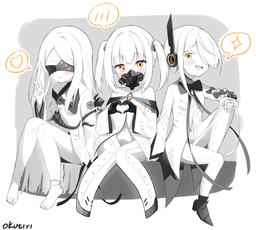 3girls, absurdres, barefoot, black_mask, blindfold, blue_archive, blush, collarbone