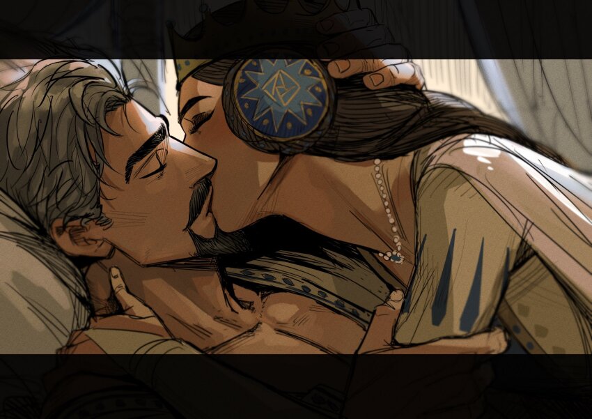 1boy, 1girl, blurry, blurry_background, brown_hair, closed_eyes, coat, colored_skin