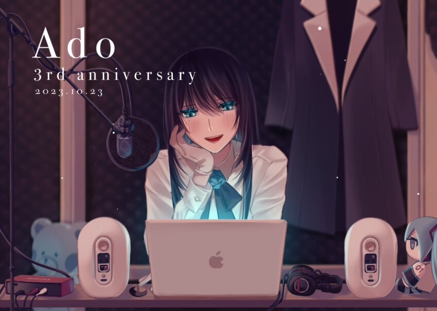 1girl, ado_(utaite), apple_inc., black_bow, black_bowtie, black_hair, blue_eyes, blue_flower