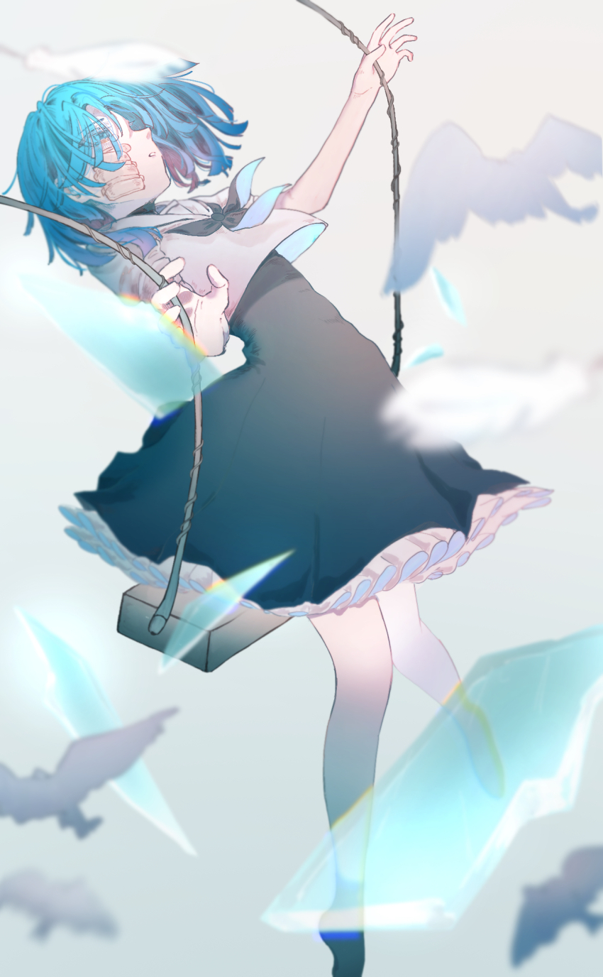 1girl, ado_(utaite), akuru-chan_(ado), bandaid, bandaid_on_face, bird, blue_eyes, blue_hair, blue_neckerchief, blue_skirt, commentary_request, dove, eien_no_akuru_hi, floating_hair, fuji_(snowhalation22), full_body, highres, neckerchief, on_swing, parted_lips, partial_commentary, sailor_collar, scrape, shirt, short_hair, short_sleeves, skirt, solo, swing, swinging_on_swing, utaite, white_sailor_collar, white_shirt
