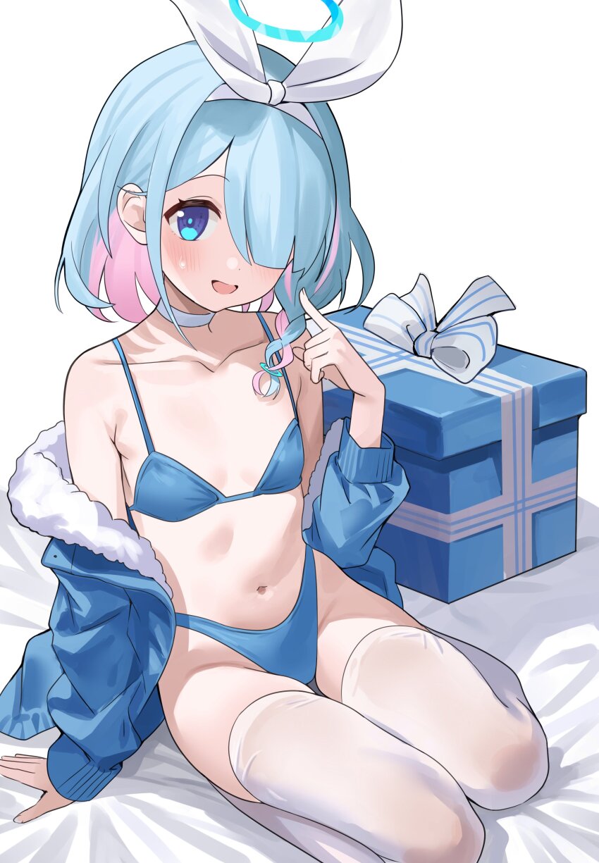 1girl, absurdres, arona_(blue_archive), bikini, blue_archive, blue_bikini, blue_eyes, blue_hair, blue_halo, blue_jacket, bow_hairband, box, breasts, choker, fur-trimmed_jacket, fur_trim, gift, gift_box, hair_over_one_eye, hairband, halo, highleg, highleg_bikini, highres, jacket, kamin_(kamin_chuu), looking_at_viewer, multicolored_hair, pink_hair, short_hair, small_breasts, solo, swimsuit, thighhighs, white_choker, white_thighhighs