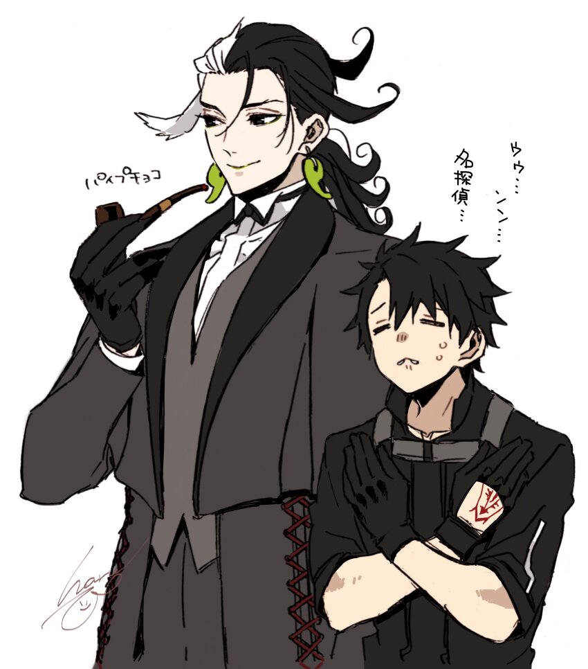 2boys, =_=, absurdres, alternate_costume, alternate_hairstyle, ashiya_douman_(fate), asymmetrical_hair, black_bow