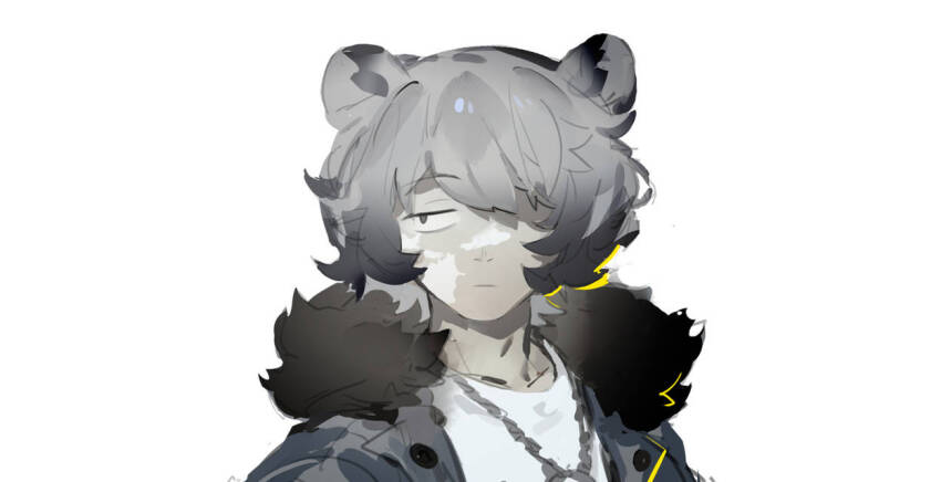 1boy, a_gui, animal_ears, arknights, bear_boy, bear_ears, fur-trimmed_jacket, fur_trim, grey_jacket, hair_over_one_eye, jacket, jaye_(arknights), jewelry, looking_to_the_side, male_focus, necklace, one_eye_covered, vitiligo, white_background