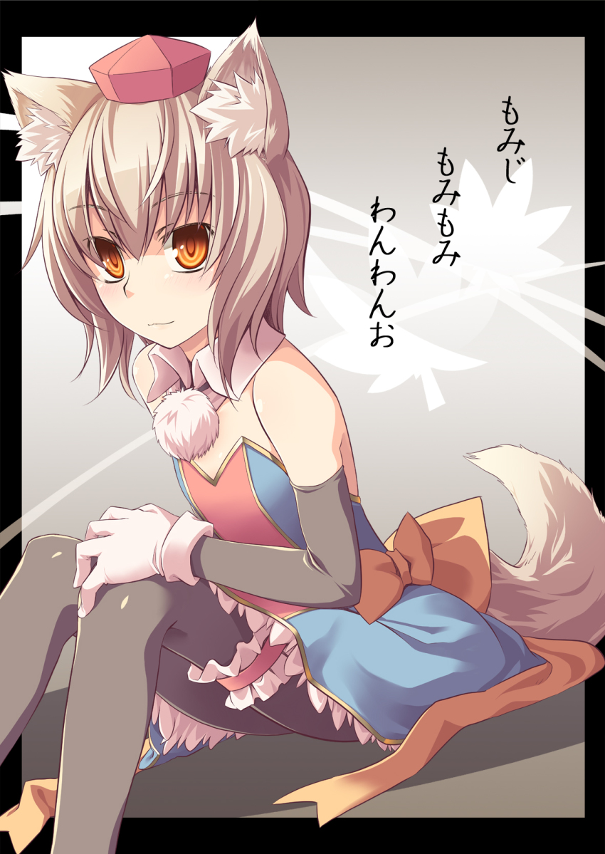 1girl, aaru_(tenrake_chaya), alternate_costume, animal_ears, cosplay, female_focus, gloves, hat, highres, inubashiri_momiji, orange_eyes, pantyhose, renkin_san-kyuu_magical_pokaan, short_hair, silver_hair, solo, tail, tokin_hat, touhou, uma_(cosplay), wolf_ears, wolf_tail, yuuma_(magipoka)