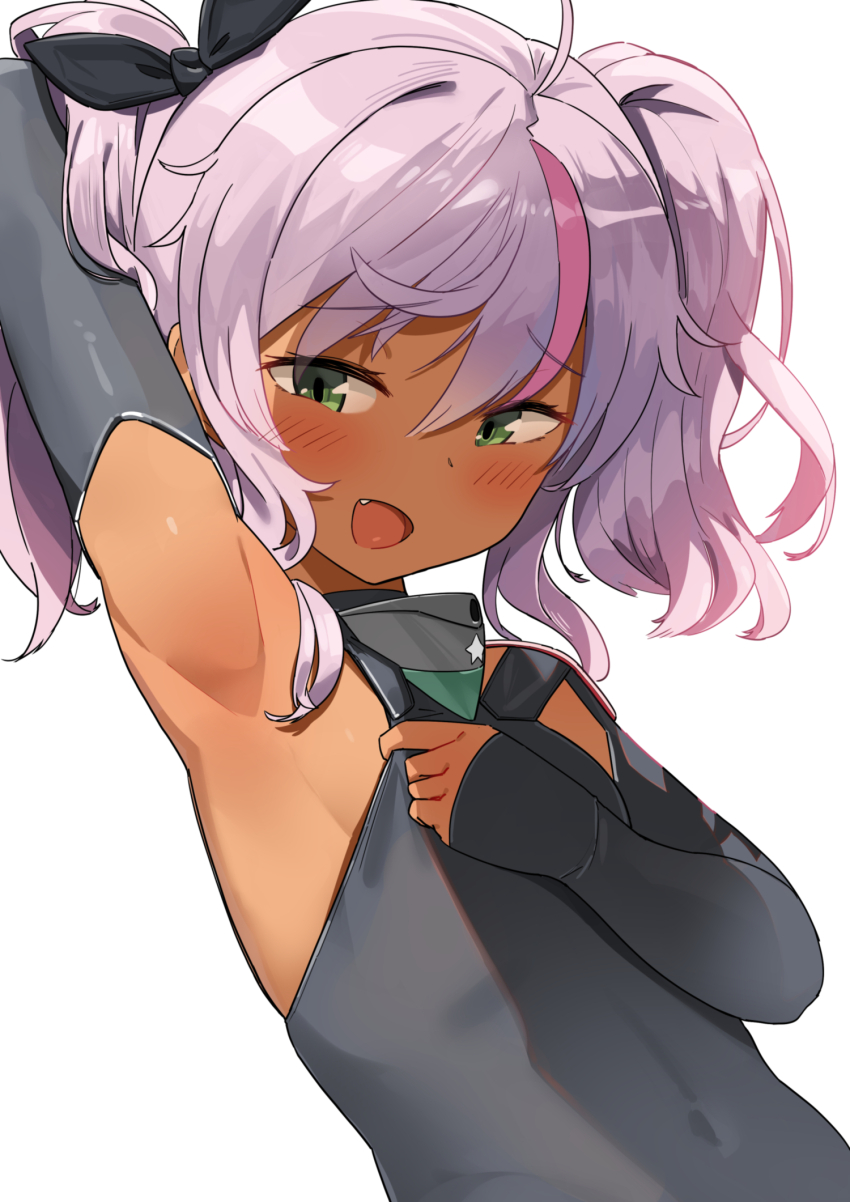 1girl, ahoge, armpits, bare_arms, bare_shoulders, blush, comandante_cappellini_(kancolle), dark-skinned_female, dark_skin, fang, fang_out, female_focus, green_eyes, grey_wetsuit, highres, kantai_collection, loli, long_hair, looking_at_viewer, multicolored_hair, open_mouth, osananajimi_neko, pink_hair, smile, solo, streaked_hair, tan, twintails, upper_body, white_background
