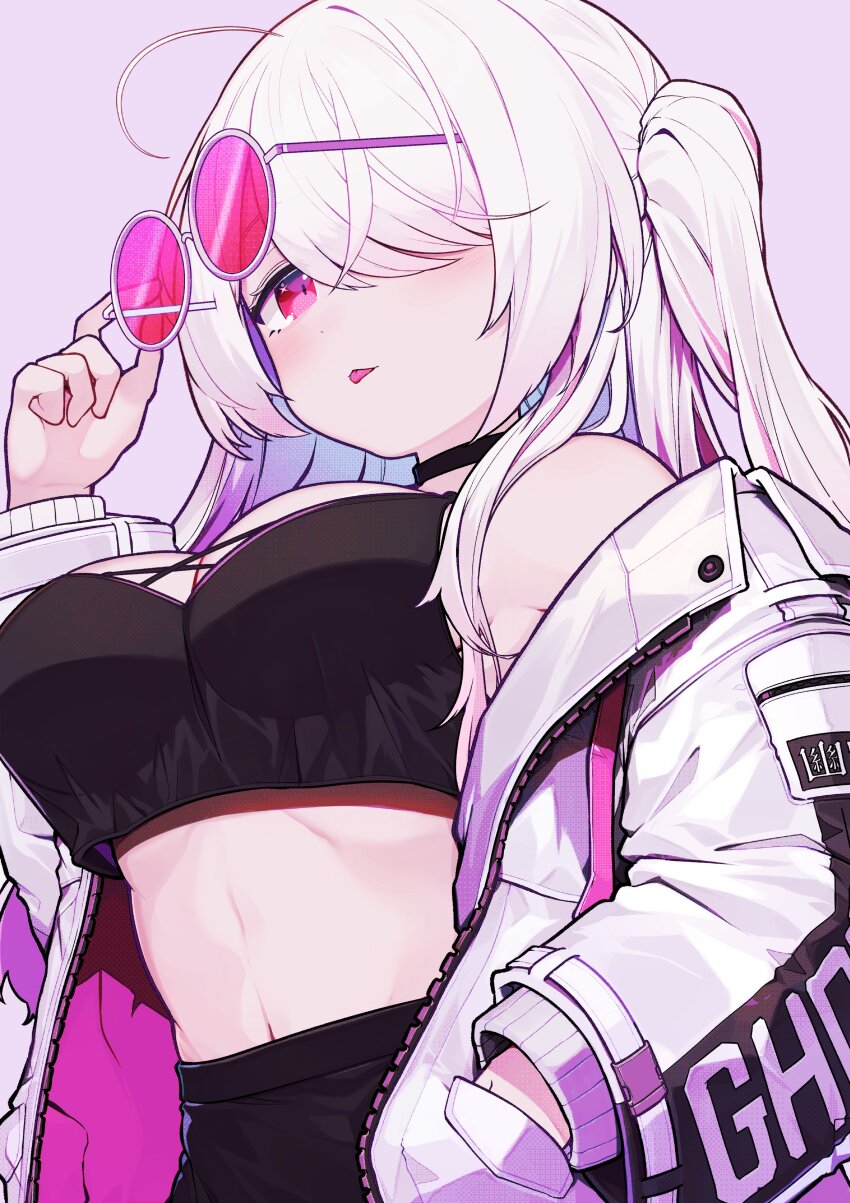 1girl, :p, absurdres, ahoge, black_shirt, breasts, crop_top, gem_(symbol)