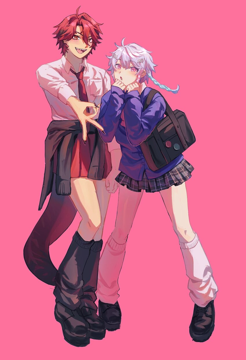 2boys, ahoge, babykatafan, bag, black_bag, black_cardigan, black_footwear, black_leg_warmers, black_nails, blue_cardigan, blue_hair, cardigan, cardigan_around_waist, clothes_around_waist, collared_shirt, crossdressing, crossdressing_(mtf), dinosaur_tail, dress_shirt, fingernails, gyaru_v, hair_between_eyes, hair_ornament, hands_on_own_face, highres, holostars, holostars_english, jurard_t_rexford, leg_warmers, long_fingernails, long_sleeves, looking_at_viewer, male_focus, miniskirt, multicolored_hair, multiple_boys, neck_ribbon, necktie, octavio, open_mouth, parted_bangs, pin, pink_background, pink_eyes, pink_ribbon, pleated_skirt, red_eyes, red_hair, red_necktie, ribbon, school_uniform, sharp_fingernails, sharp_teeth, shirt, short_hair, short_sleeves, shoulder_bag, skirt, smile, tail, teeth, tri_braids, upper_teeth_only, v, virtual_youtuber, white_hair, white_leg_warmers, white_shirt
