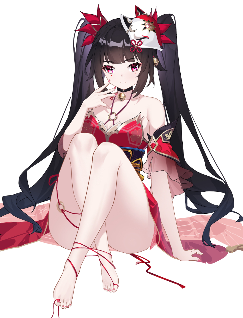 1girl, absurdres, bare_legs, bare_shoulders, barefoot, between_toes, black_choker, black_hair, candy_shunya, choker, circle_facial_mark, commentary_request, crossed_legs, detached_sleeves, dress, facial_mark, feet, fox_mask, highres, honkai:_star_rail, honkai_(series), knees_up, legs, long_hair, looking_at_viewer, mask, mask_on_head, nail_polish, o-ring, purple_eyes, red_dress, short_sleeves, simple_background, sitting, smile, solo, sparkle_(honkai:_star_rail), thighs, toenail_polish, toenails, toes, twintails, very_long_hair, white_background