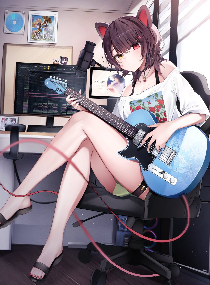 1girl, absurdres, animal_ears, black_sandals, blue_nails, brown_hair, cable, chair