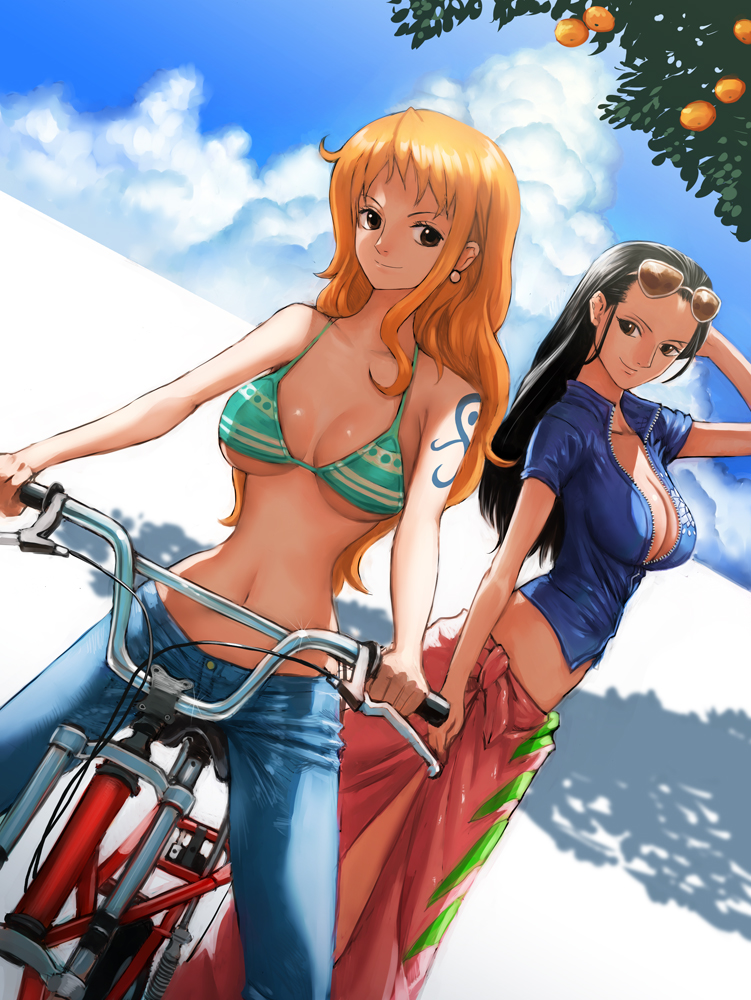 2girls, arm_behind_back, arm_up, bicycle, bikini, bikini_top_only, black_hair, blue_shirt, blue_sky, boyaking, breasts, breasts_apart, brown_eyes, center_opening, cleavage, cloud, cloudy_sky, collarbone, crop_top, day, denim, dutch_angle, earrings, eyewear_on_head, food, fruit, glasses, hair_slicked_back, jeans, jewelry, large_breasts, long_hair, looking_back, lowleg, midriff, multiple_girls, nami_(one_piece), nami_(one_piece)_(return_to_sabaody), navel, nico_robin, nico_robin_(return_to_sabaody), no_bra, one_piece, open_clothes, open_shirt, orange_(fruit), orange_hair, outdoors, pants, pink_sarong, pink_skirt, revealing_clothes, sabaody_archipelago, sarong, shade, shirt, short_sleeves, side_slit, skirt, sky, smile, straddling, striped_bikini, striped_clothes, sunglasses, swimsuit, tattoo, underboob, unzipped, zipper