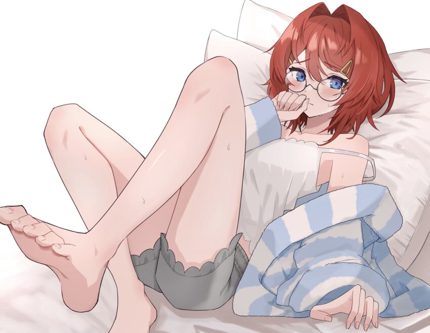 1girl, ange_katrina, barefoot, blue_eyes, blush, camisole, feet, foot_focus, glasses, grey_shorts, hair_between_eyes, haruwo, highres, jacket, nijisanji, open_clothes, open_jacket, pillow, red_hair, round_eyewear, short_hair, shorts, solo, virtual_youtuber, white_camisole