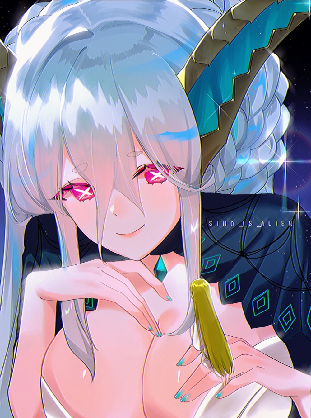 1girl, aqua_hair, blue_shirt, bra, braid, breasts, cleavage, curled_horns, fate/grand_order, fate_(series), hair_between_eyes, highres, horns, jewelry, large_breasts, larva_tiamat_(fate), tiamat_(third_ascension)_(fate/grand_order), long_hair, looking_at_viewer, pendant, pink_eyes, shirt, sidelocks, siho_is_alien, smile, solo, symbol-shaped_pupils, tiamat_(fate), tiamat_(third_ascension)_(fate/grand_order_arcade), underwear, white_bra