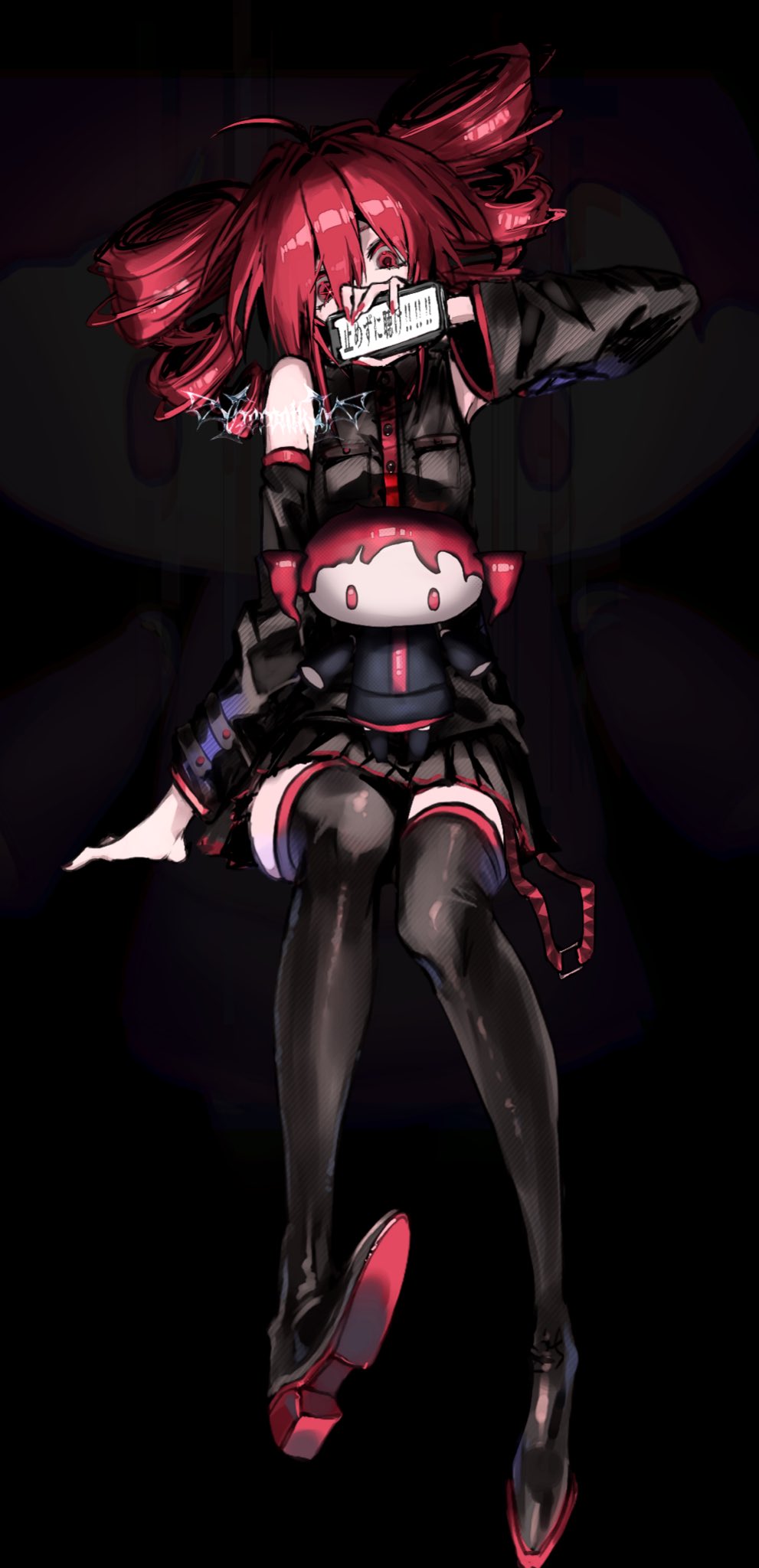 1girl, ahoge, bare_shoulders, black_background, black_shirt, black_skirt, black_sleeves, cellphone