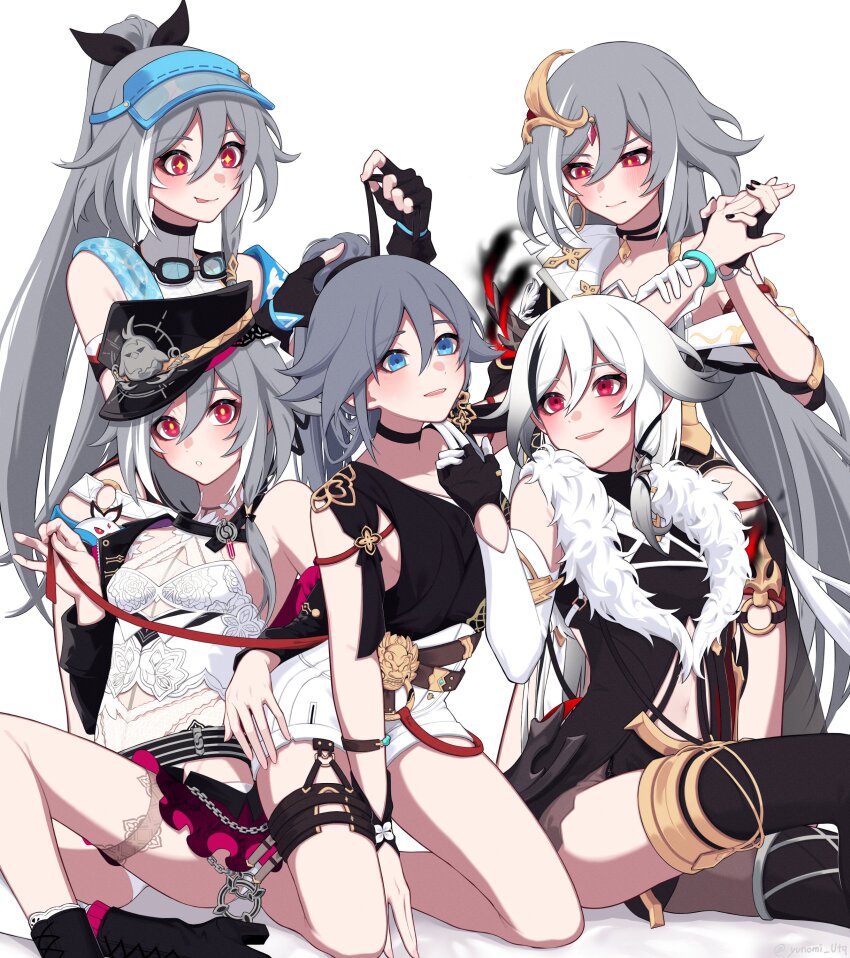 :o, :p, absurdres, adjusting_hair, arm_grab, arm_support, asymmetrical_clothes, asymmetrical_gloves