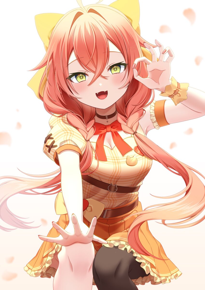 1girl, black_choker, black_pantyhose, bow, braid, choker, commentary_request, fangs