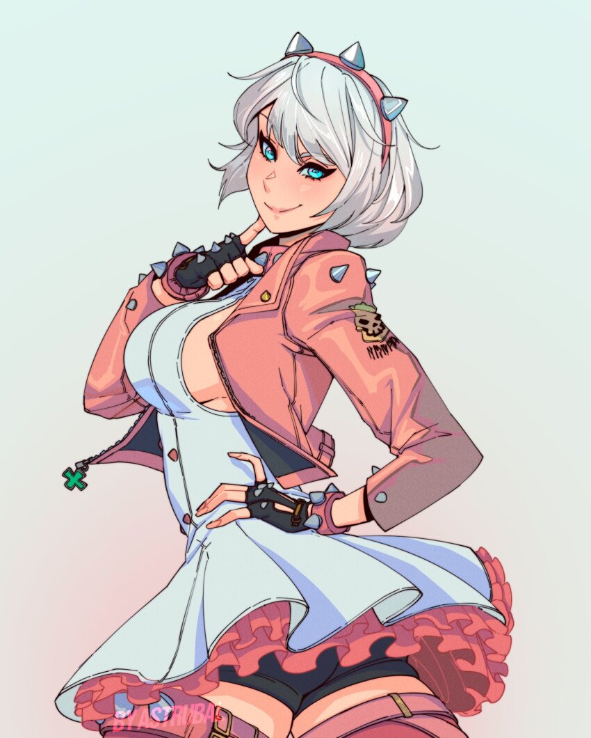 1girl, ahoge, astrubalart, bike_shorts, black_gloves, black_shorts, blue_eyes, blush