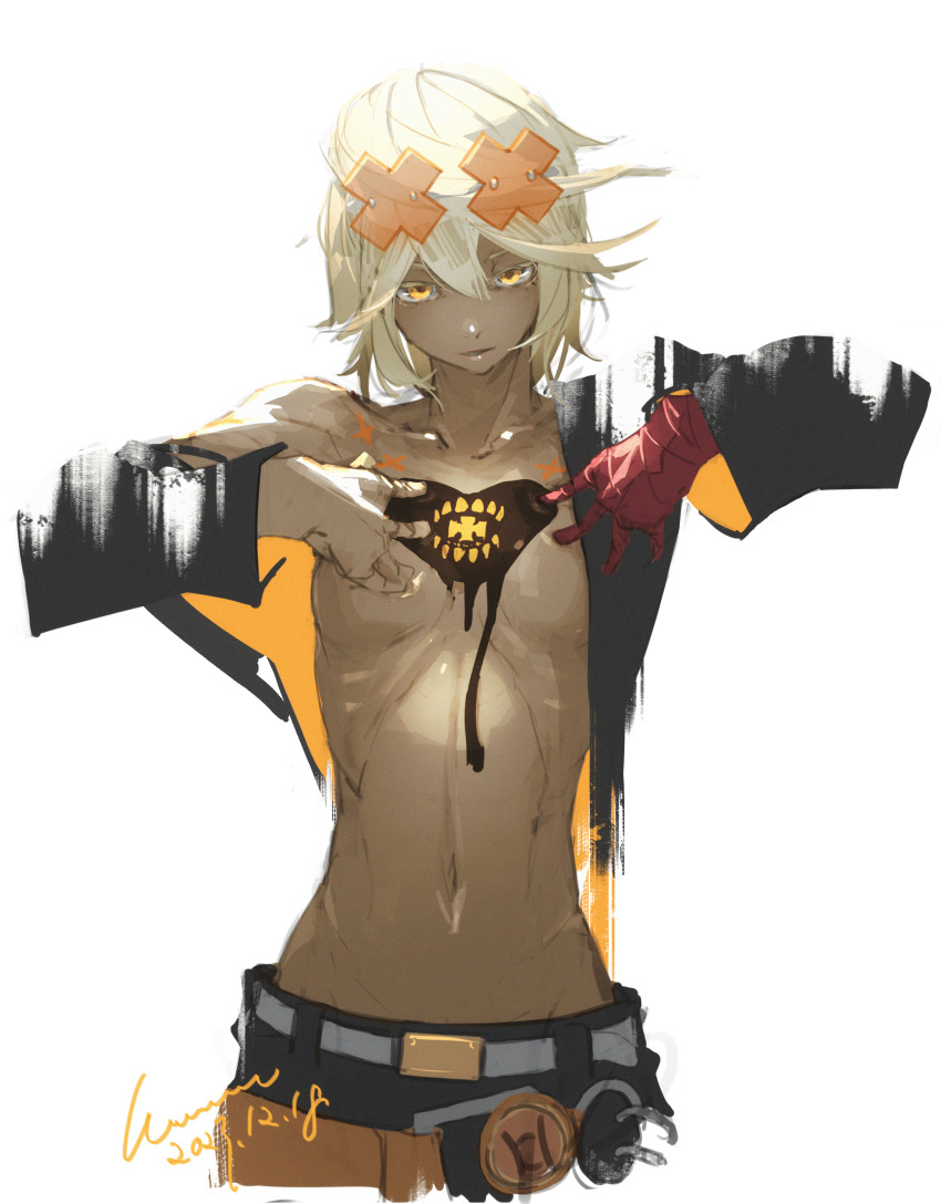1girl, absurdres, bandaged_arm, bandages, blonde_hair, breasts, chest_tattoo, dark-skinned_female